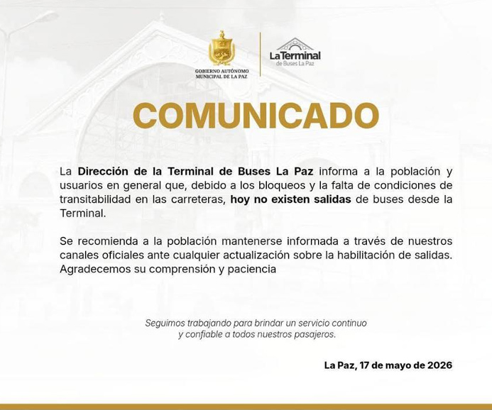 Terminales de buses de La Paz y El Alto suspenden viajes al interior debido al bloqueo de caminos